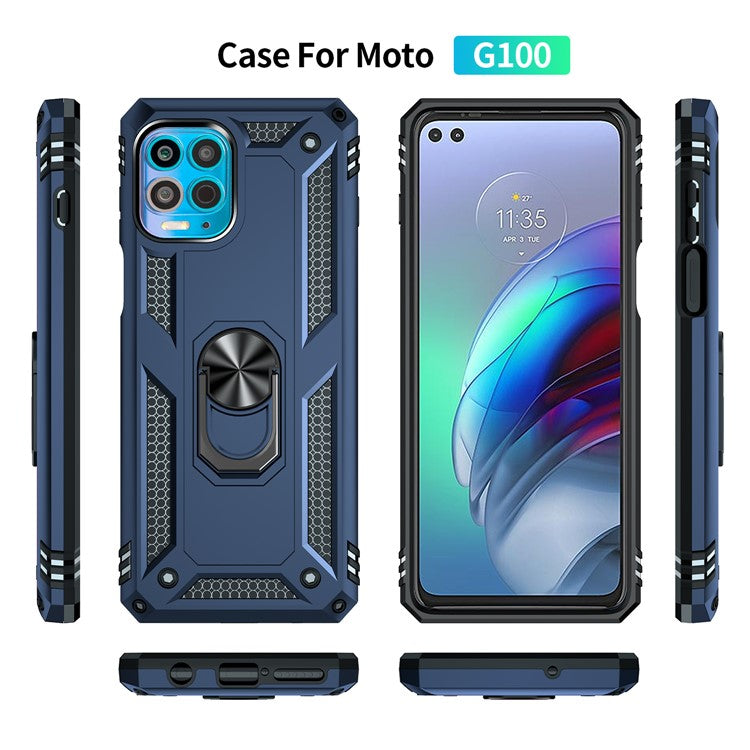 Anti-Fall Phone Hybrid Plastic + TPU + Metal Case Cover with Finger Ring Kickstand for Motorola Edge S / Moto G100 - Blue