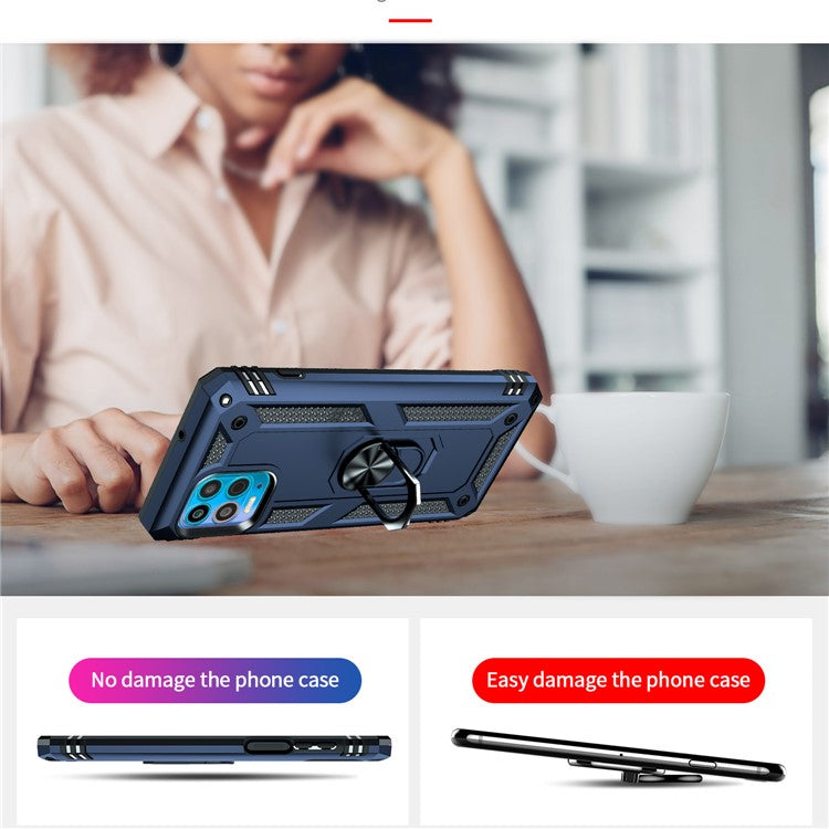 Anti-Fall Phone Hybrid Plastic + TPU + Metal Case Cover with Finger Ring Kickstand for Motorola Edge S / Moto G100 - Blue