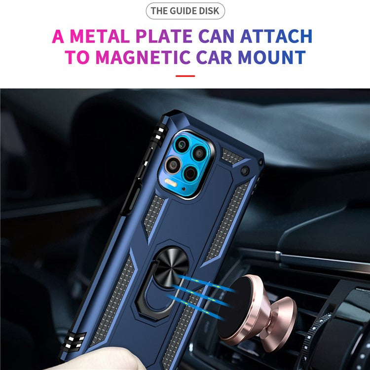 Anti-Fall Phone Hybrid Plastic + TPU + Metal Case Cover with Finger Ring Kickstand for Motorola Edge S / Moto G100 - Blue