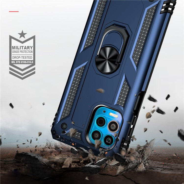 Anti-Fall Phone Hybrid Plastic + TPU + Metal Case Cover with Finger Ring Kickstand for Motorola Edge S / Moto G100 - Blue
