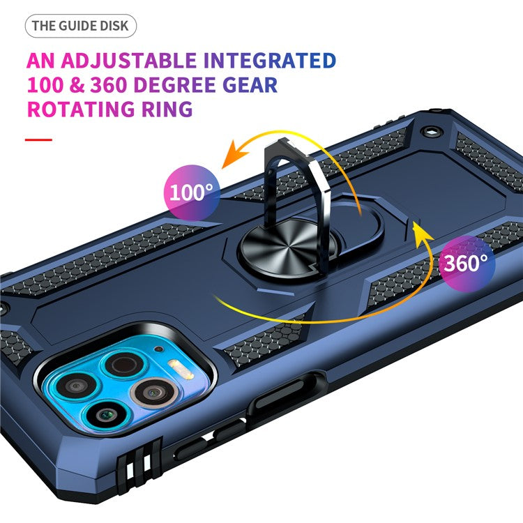 Anti-Fall Phone Hybrid Plastic + TPU + Metal Case Cover with Finger Ring Kickstand for Motorola Edge S / Moto G100 - Blue
