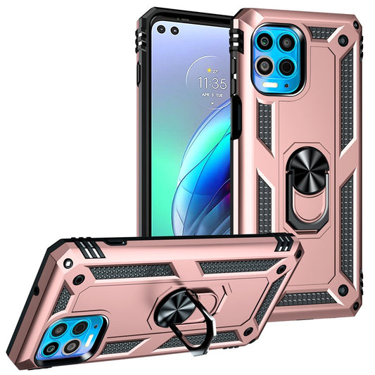 Anti-Fall Phone Hybrid Plastic + TPU + Metal Case Cover with Finger Ring Kickstand for Motorola Edge S / Moto G100 - Rose Gold