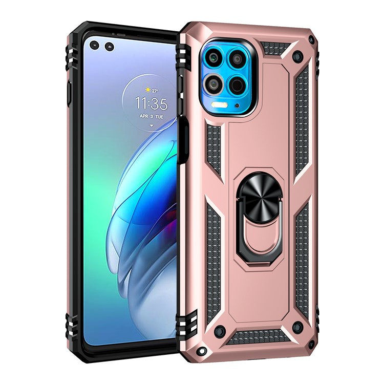 Anti-Fall Phone Hybrid Plastic + TPU + Metal Case Cover with Finger Ring Kickstand for Motorola Edge S / Moto G100 - Rose Gold