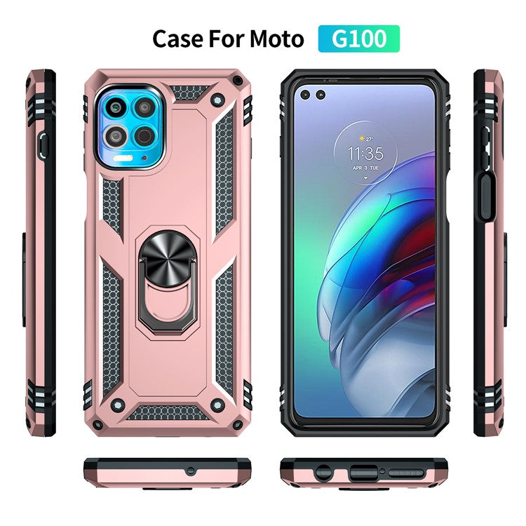 Anti-Fall Phone Hybrid Plastic + TPU + Metal Case Cover with Finger Ring Kickstand for Motorola Edge S / Moto G100 - Rose Gold