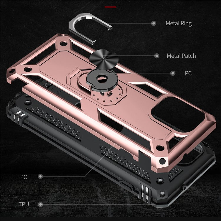 Anti-Fall Phone Hybrid Plastic + TPU + Metal Case Cover with Finger Ring Kickstand for Motorola Edge S / Moto G100 - Rose Gold
