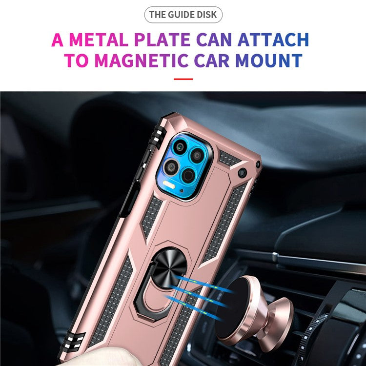 Anti-Fall Phone Hybrid Plastic + TPU + Metal Case Cover with Finger Ring Kickstand for Motorola Edge S / Moto G100 - Rose Gold