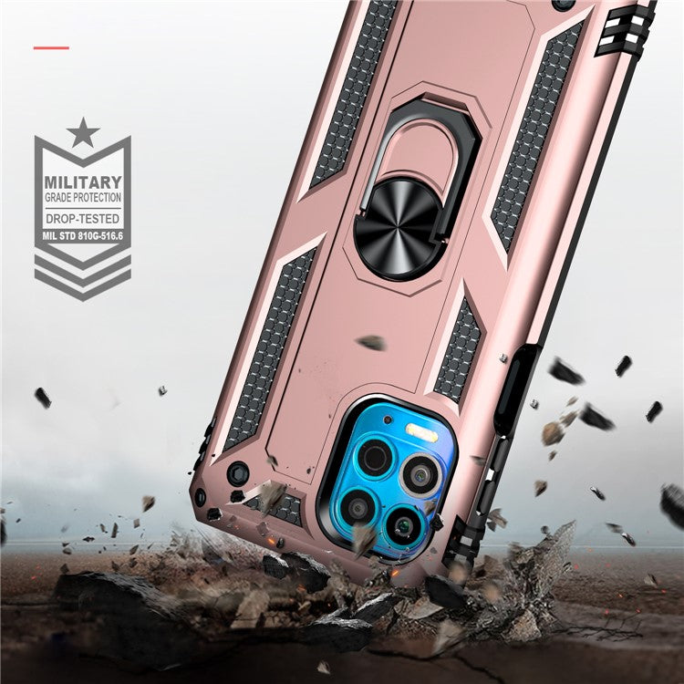 Anti-Fall Phone Hybrid Plastic + TPU + Metal Case Cover with Finger Ring Kickstand for Motorola Edge S / Moto G100 - Rose Gold
