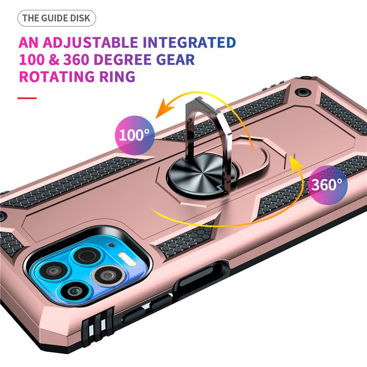 Anti-Fall Phone Hybrid Plastic + TPU + Metal Case Cover with Finger Ring Kickstand for Motorola Edge S / Moto G100 - Rose Gold
