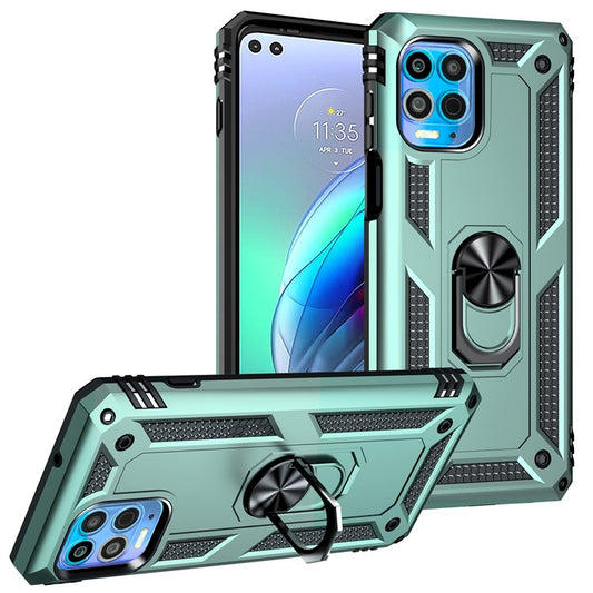 Anti-Fall Phone Hybrid Plastic + TPU + Metal Case Cover with Finger Ring Kickstand for Motorola Edge S / Moto G100 - Dark Green