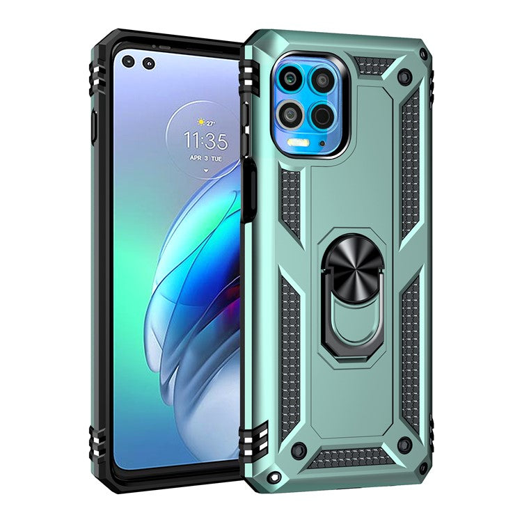 Anti-Fall Phone Hybrid Plastic + TPU + Metal Case Cover with Finger Ring Kickstand for Motorola Edge S / Moto G100 - Dark Green