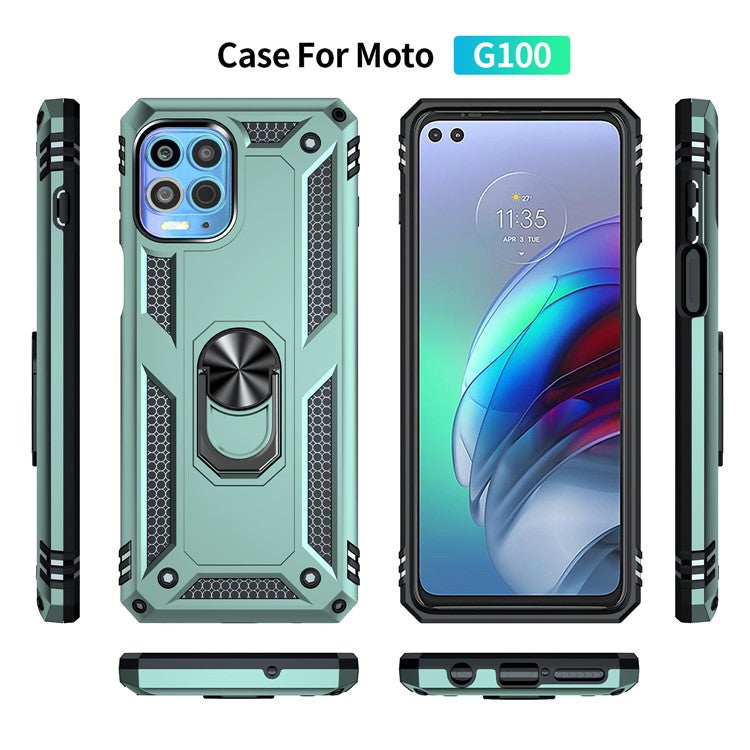 Anti-Fall Phone Hybrid Plastic + TPU + Metal Case Cover with Finger Ring Kickstand for Motorola Edge S / Moto G100 - Dark Green