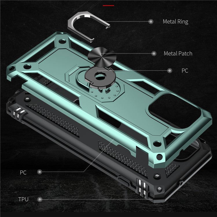 Anti-Fall Phone Hybrid Plastic + TPU + Metal Case Cover with Finger Ring Kickstand for Motorola Edge S / Moto G100 - Dark Green