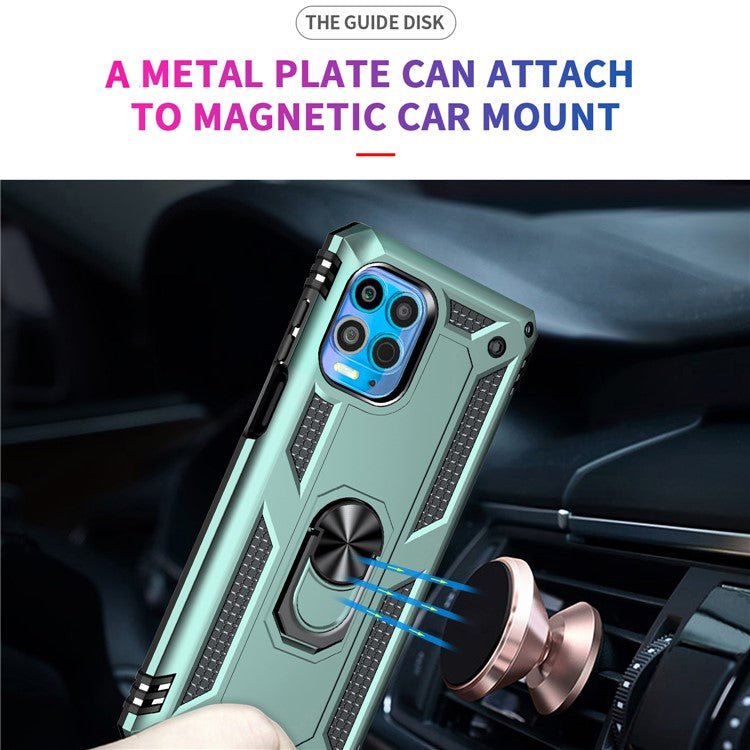 Anti-Fall Phone Hybrid Plastic + TPU + Metal Case Cover with Finger Ring Kickstand for Motorola Edge S / Moto G100 - Dark Green
