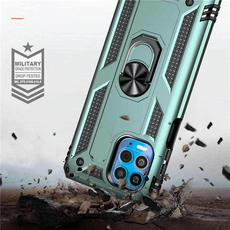 Anti-Fall Phone Hybrid Plastic + TPU + Metal Case Cover with Finger Ring Kickstand for Motorola Edge S / Moto G100 - Dark Green