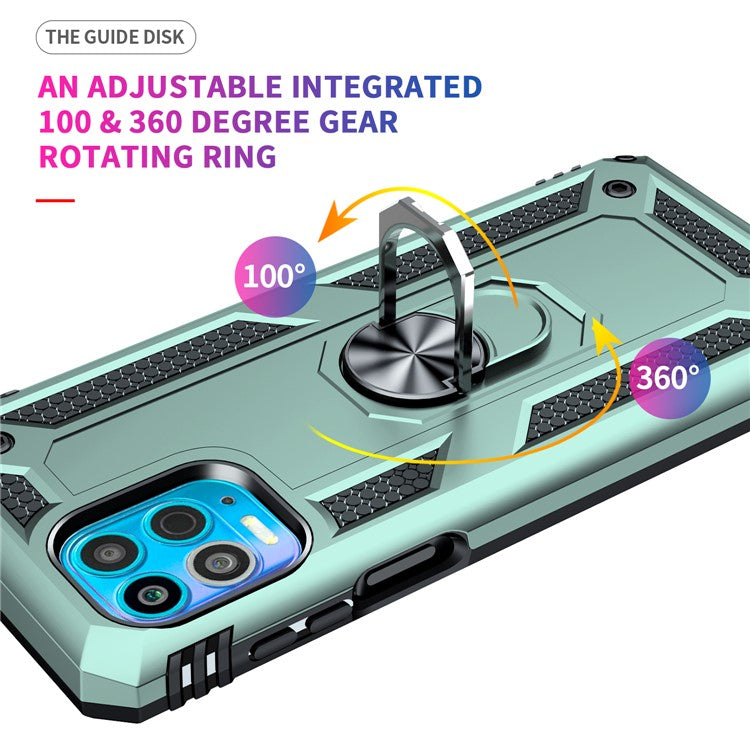 Anti-Fall Phone Hybrid Plastic + TPU + Metal Case Cover with Finger Ring Kickstand for Motorola Edge S / Moto G100 - Dark Green