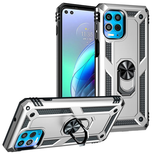 Anti-Fall Phone Hybrid Plastic + TPU + Metal Case Cover with Finger Ring Kickstand for Motorola Edge S / Moto G100 - Silver