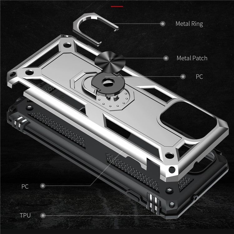 Anti-Fall Phone Hybrid Plastic + TPU + Metal Case Cover with Finger Ring Kickstand for Motorola Edge S / Moto G100 - Silver