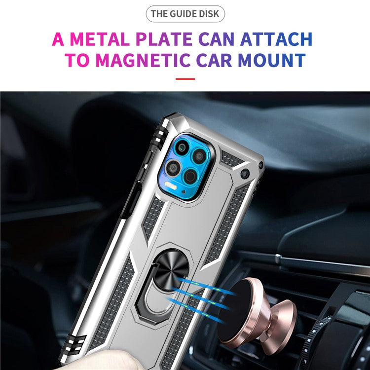 Anti-Fall Phone Hybrid Plastic + TPU + Metal Case Cover with Finger Ring Kickstand for Motorola Edge S / Moto G100 - Silver