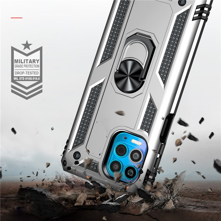 Anti-Fall Phone Hybrid Plastic + TPU + Metal Case Cover with Finger Ring Kickstand for Motorola Edge S / Moto G100 - Silver