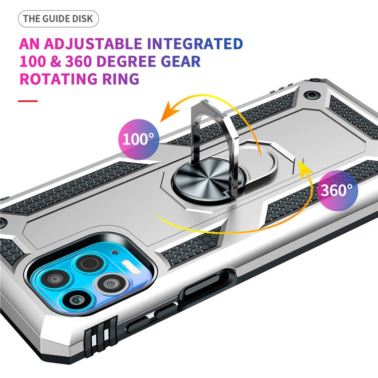 Anti-Fall Phone Hybrid Plastic + TPU + Metal Case Cover with Finger Ring Kickstand for Motorola Edge S / Moto G100 - Silver