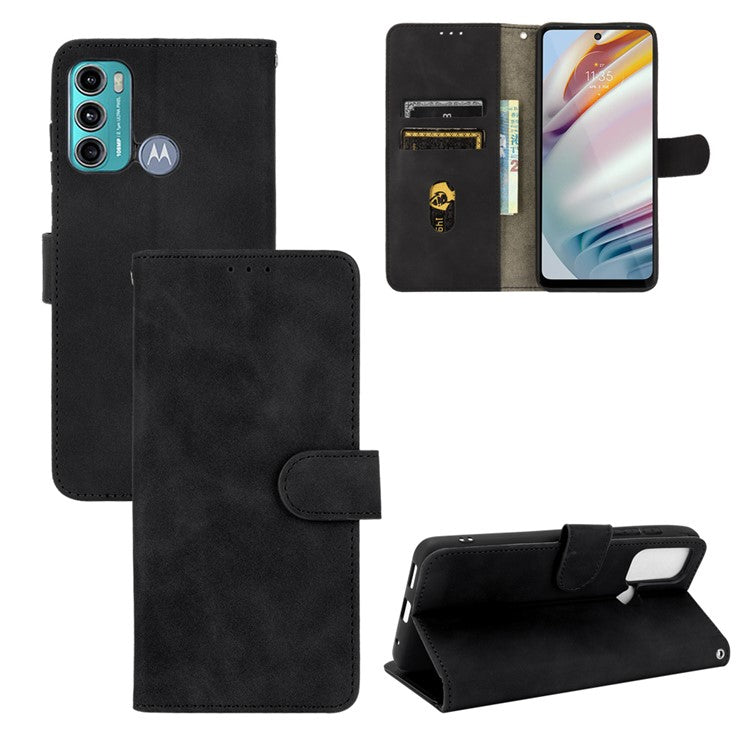 Skin-touch PU Leather Protective Phone Cover Supporting Stand Cover Wallet for Motorola Moto G60 / Moto G40 Fusion - Black