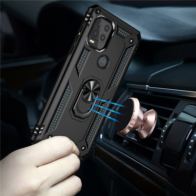 Rotary Finger Holder Kickstand Design PC + TPU Hybrid Case Phone Protective Cover for Motorola Moto G Stylus 5G (2021) - Black