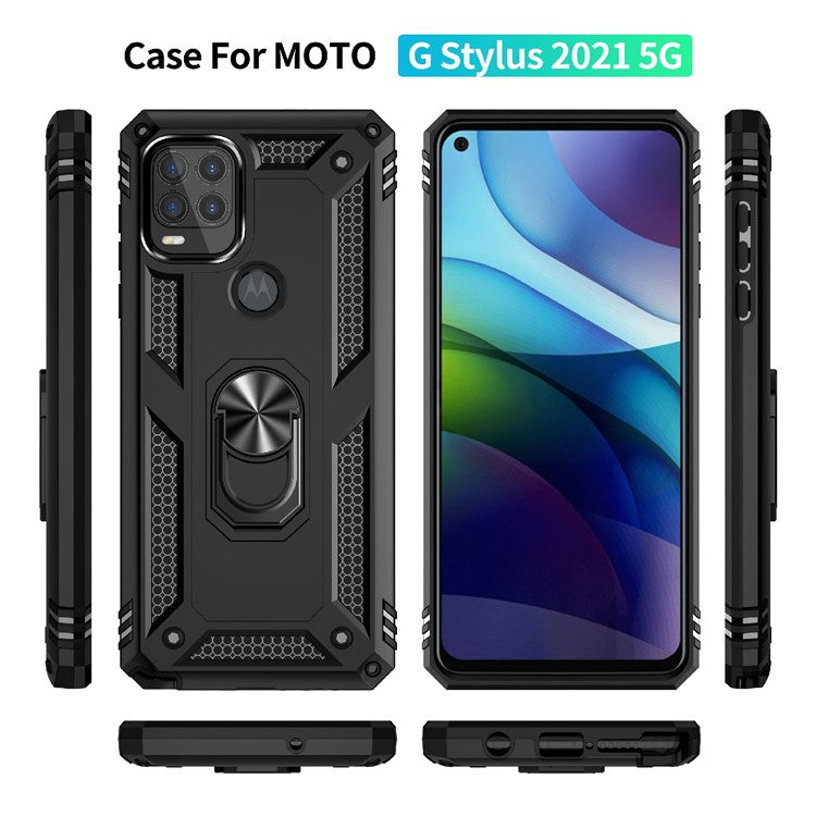 Rotary Finger Holder Kickstand Design PC + TPU Hybrid Case Phone Protective Cover for Motorola Moto G Stylus 5G (2021) - Black