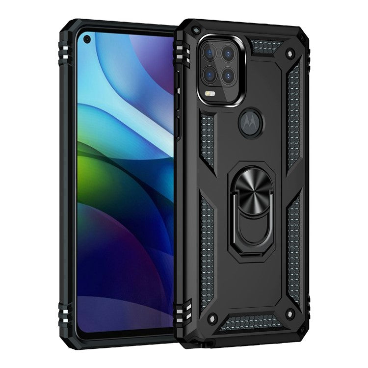 Rotary Finger Holder Kickstand Design PC + TPU Hybrid Case Phone Protective Cover for Motorola Moto G Stylus 5G (2021) - Black