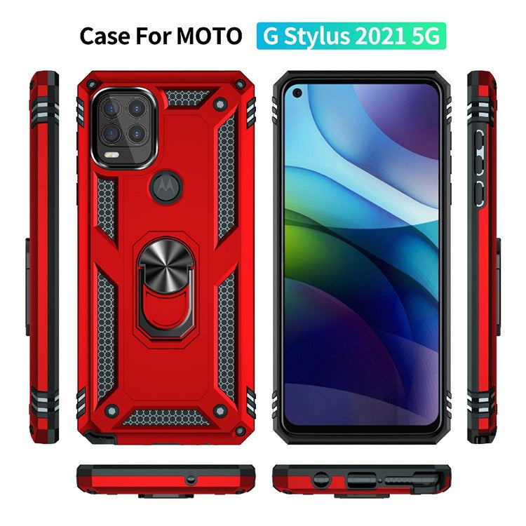 Rotary Finger Holder Kickstand Design PC + TPU Hybrid Case Phone Protective Cover for Motorola Moto G Stylus 5G (2021) - Red
