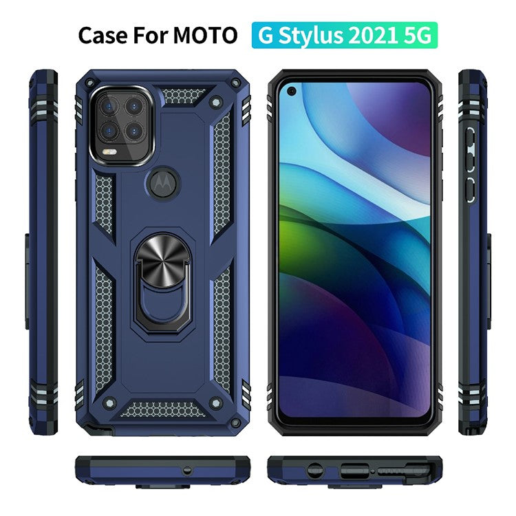 Rotary Finger Holder Kickstand Design PC + TPU Hybrid Case Phone Protective Cover for Motorola Moto G Stylus 5G (2021) - Blue