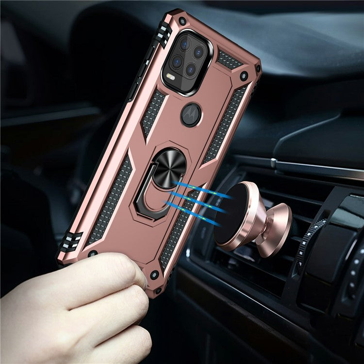 Rotary Finger Holder Kickstand Design PC + TPU Hybrid Case Phone Protective Cover for Motorola Moto G Stylus 5G (2021) - Rose Gold