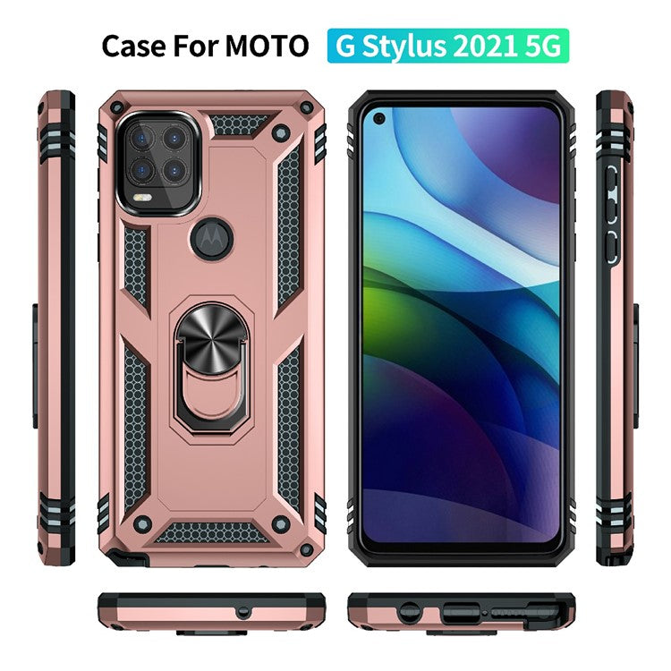 Rotary Finger Holder Kickstand Design PC + TPU Hybrid Case Phone Protective Cover for Motorola Moto G Stylus 5G (2021) - Rose Gold