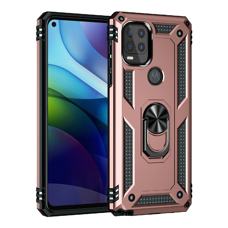 Rotary Finger Holder Kickstand Design PC + TPU Hybrid Case Phone Protective Cover for Motorola Moto G Stylus 5G (2021) - Rose Gold