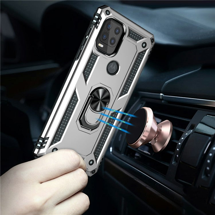 Rotary Finger Holder Kickstand Design PC + TPU Hybrid Case Phone Protective Cover for Motorola Moto G Stylus 5G (2021) - Silver