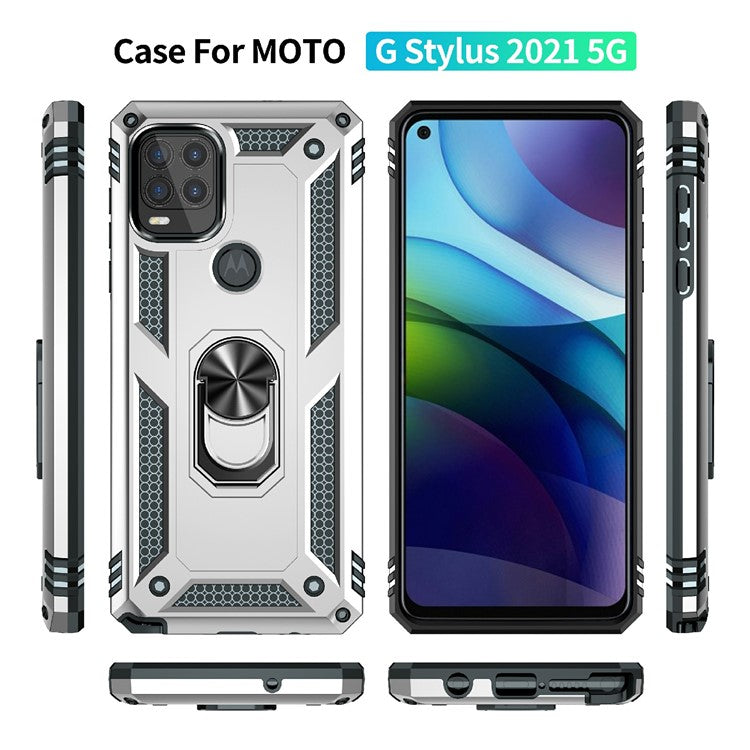 Rotary Finger Holder Kickstand Design PC + TPU Hybrid Case Phone Protective Cover for Motorola Moto G Stylus 5G (2021) - Silver