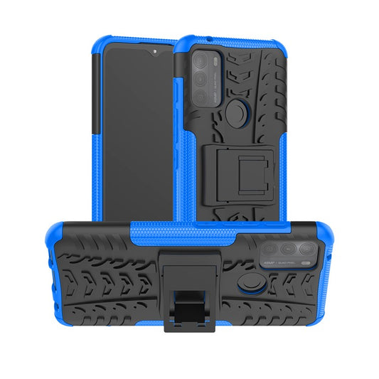 Tire Texture Hybrid Rugged 2-in-1 TPU + PC Combo Dual Layer Shockproof Protective Cover with Kickstand for Motorola Moto G50 - Blue