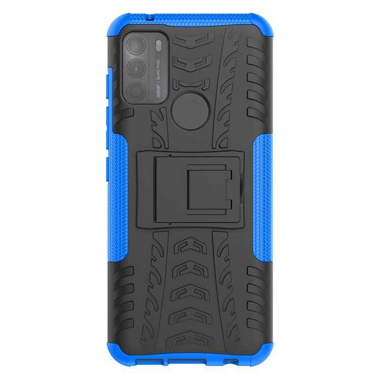 Tire Texture Hybrid Rugged 2-in-1 TPU + PC Combo Dual Layer Shockproof Protective Cover with Kickstand for Motorola Moto G50 - Blue