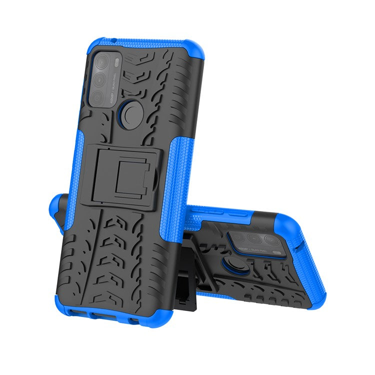 Tire Texture Hybrid Rugged 2-in-1 TPU + PC Combo Dual Layer Shockproof Protective Cover with Kickstand for Motorola Moto G50 - Blue