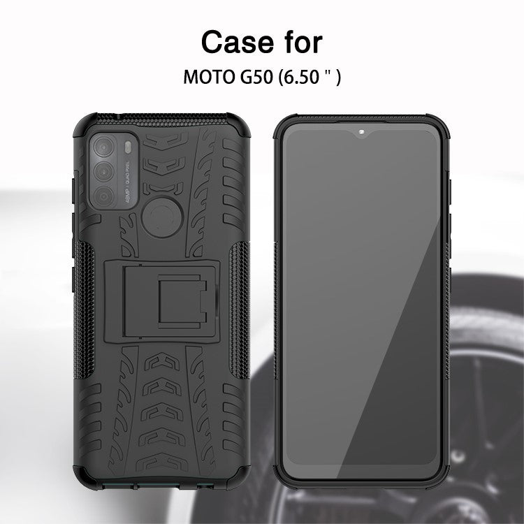 Tire Texture Hybrid Rugged 2-in-1 TPU + PC Combo Dual Layer Shockproof Protective Cover with Kickstand for Motorola Moto G50 - Blue