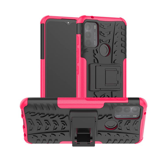 Tire Texture Hybrid Rugged 2-in-1 TPU + PC Combo Dual Layer Shockproof Protective Cover with Kickstand for Motorola Moto G50 - Rose