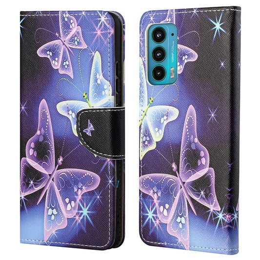 Cross Texture Pattern Printing PU Leather Wallet Stand Flip Case with Magnetic Closure for Motorola Edge 20 - Sparkling Butterflies