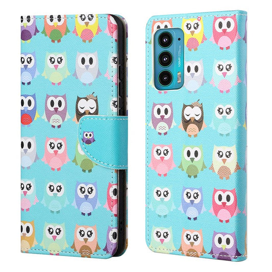 Cross Texture Pattern Printing PU Leather Wallet Stand Flip Case with Magnetic Closure for Motorola Edge 20 - Cute Owls
