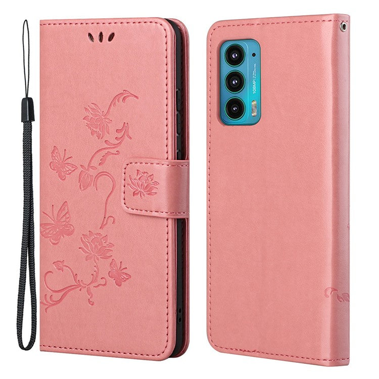Butterfly Flower Imprinting Leather Cover Phone Standing Shell with Wallet Design for Motorola Edge 20 - Pink