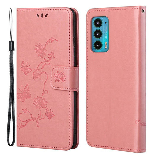 Butterfly Flower Imprinting Leather Cover Phone Standing Shell with Wallet Design for Motorola Edge 20 - Pink