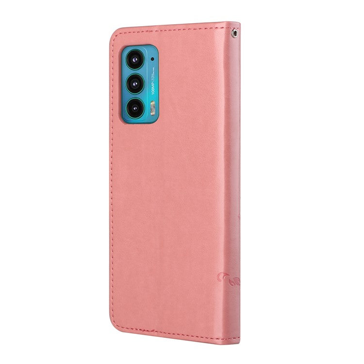Butterfly Flower Imprinting Leather Cover Phone Standing Shell with Wallet Design for Motorola Edge 20 - Pink