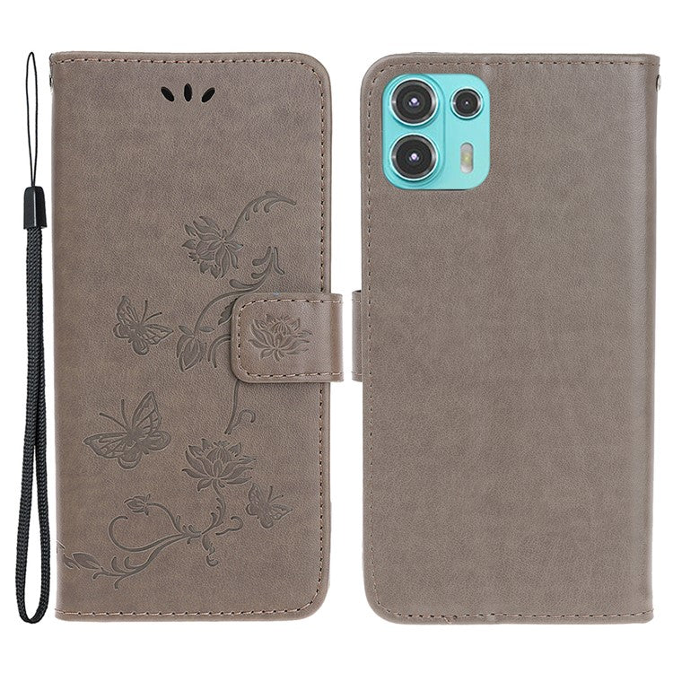 All-Round Protection Butterfly Flowers Imprinting Leather Phone Cover with Wallet Stand for Motorola Edge 20 Lite - Grey