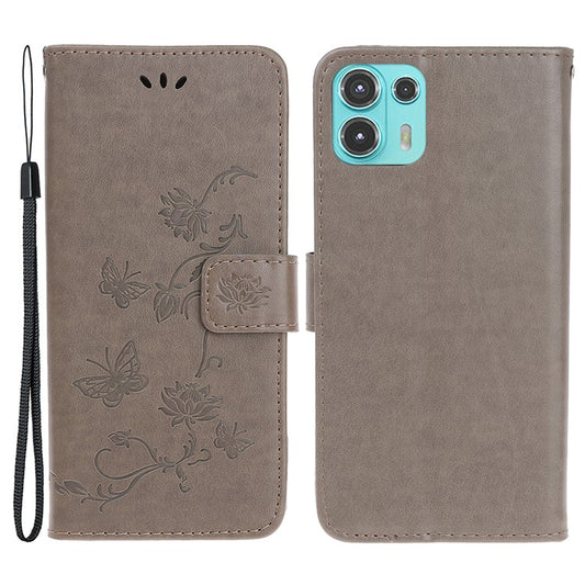 All-Round Protection Butterfly Flowers Imprinting Leather Phone Cover with Wallet Stand for Motorola Edge 20 Lite - Grey