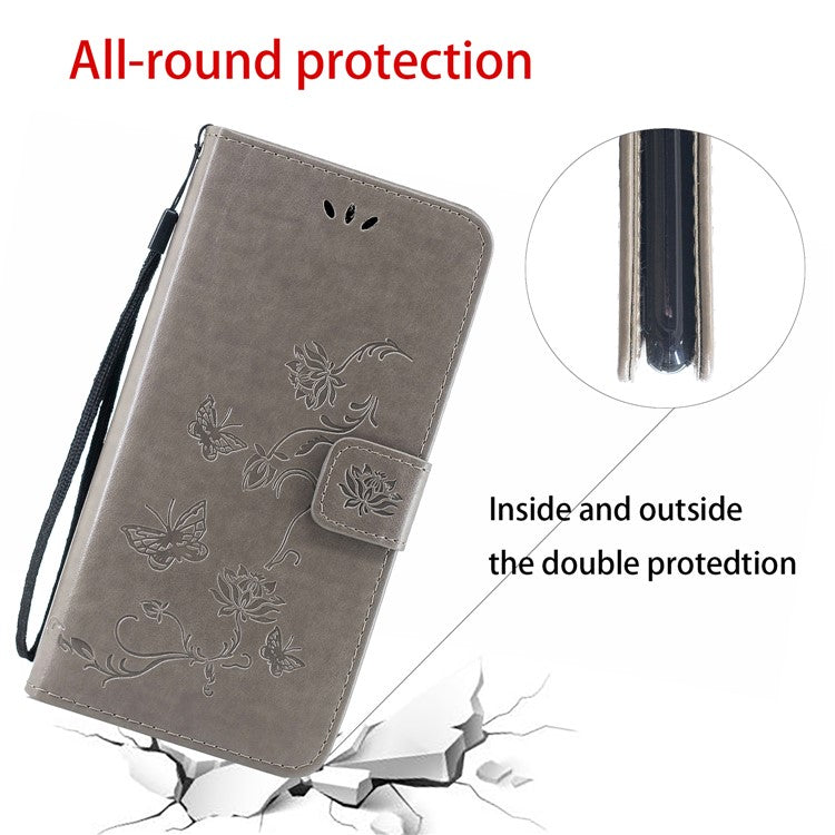 All-Round Protection Butterfly Flowers Imprinting Leather Phone Cover with Wallet Stand for Motorola Edge 20 Lite - Grey