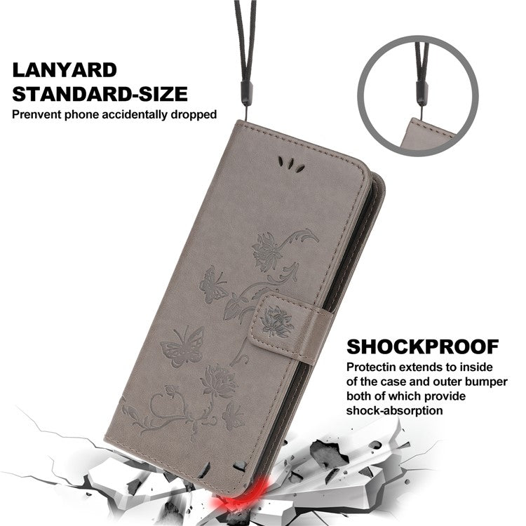All-Round Protection Butterfly Flowers Imprinting Leather Phone Cover with Wallet Stand for Motorola Edge 20 Lite - Grey