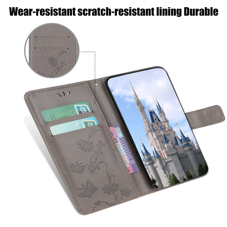 All-Round Protection Butterfly Flowers Imprinting Leather Phone Cover with Wallet Stand for Motorola Edge 20 Lite - Grey